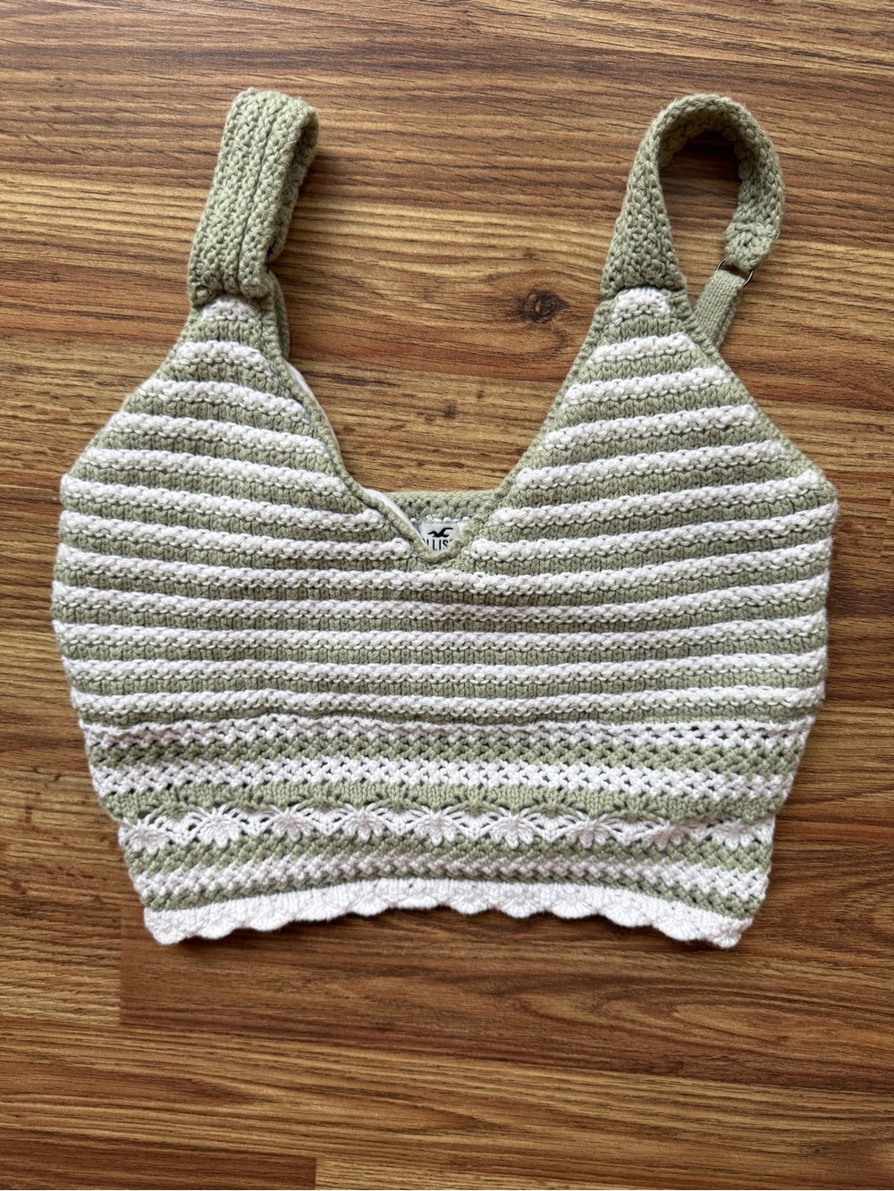 Hollister Sage Green and Cream Striped Crochet Tank